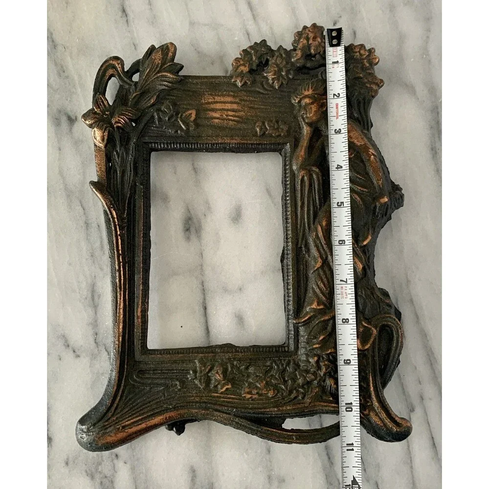 VTG Cast Iron W Copper Wash Photo Frame Art Nouveau Woman Floral w Stand